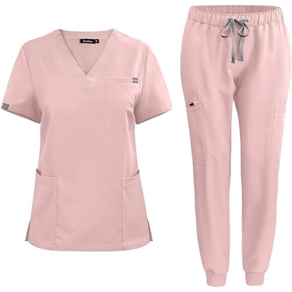 NiaHinn Scrub Set Women Medium Like New Blush Pink V-Neck Jogger Medical Uniform